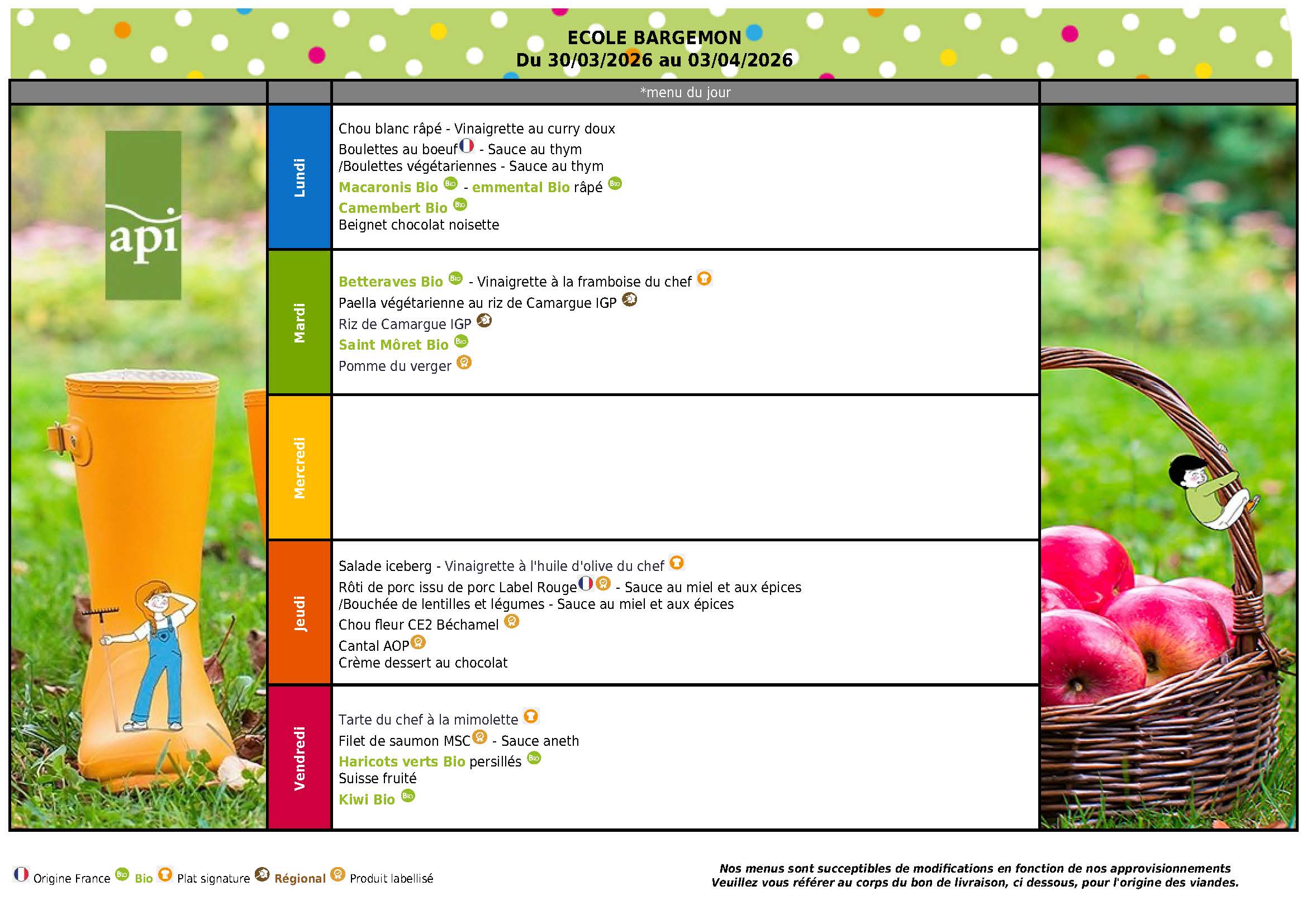 Menu cantine 30 mars au 3 avril